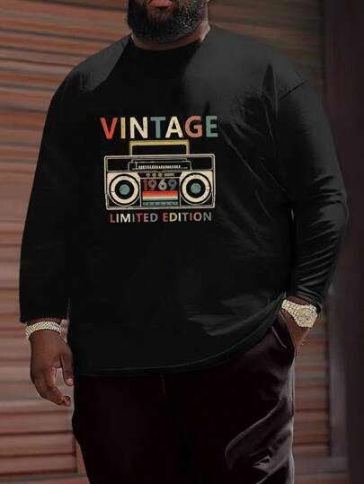 Men's Plus Size Radio Graphic Print Crew Neck Long Sleeve Casual T-Shirt