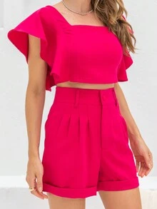 TWO-PIECE SET FOR WOMEN'S FASHION, TAILORING, RUFFLED TOP AND LATEX SHORTS AT THE BACK - 玫紅色 - 查看 4