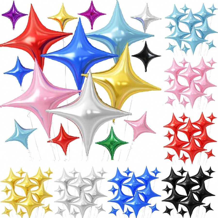 1/6/12 件 10/26 英寸星形气球，银色、金色、紫色、黑色、红色、蓝色、绿色、粉色四角星形氦气聚酯薄膜铝箔气球主题派对用品装饰生日派对、订婚婚礼、情人节、新娘送礼会、单身派对、节日、周年纪念 - 彩色 - 查看 1