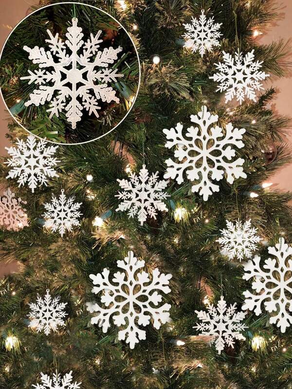 12pcs White Snowflake Decorative Pendants, Christmas Snowflakes, Plastic Champagne Gold Snowflake Ornaments Set, Hanging Snowflake Decorations For Winter And Christmas Tree