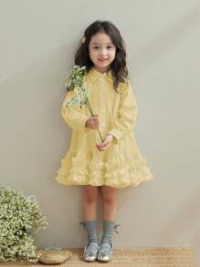 Girls Spring/Autumn New Lace Pleated Shirt Long Sleeve & A-Line Ruffle Hem Skirt Set