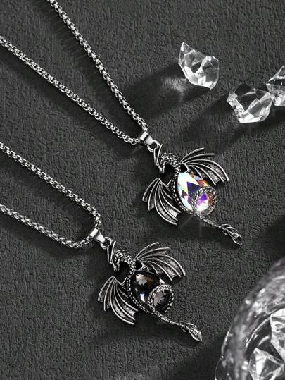 1個 ファッション ヴィンテージ ユニークな 3Dドラゴン型クリスタルガラスペンダントネックレス、ユニセックスなヒップホップストリートスタイル