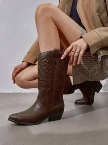 Women'S Cowboy Western Boots Point Toe Pull On Cowgirl Boots  Embroidered Detail Chunky Heeled Spring And Winter Back To School Party Festival Matching Dress Mid Calf Brown Boots - Brown - View 5