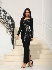 Love Aing Vestido de noche elegante de manga larga con hombros descubiertos, cristales artesanales y abertura en la espalda, estilo sofisticado para invitados de boda - Negro - Ver 6