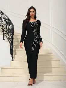 Love Aing Vestido de noche elegante de manga larga con hombros descubiertos, cristales artesanales y abertura en la espalda, estilo sofisticado para invitados de boda - Negro - Ver 4