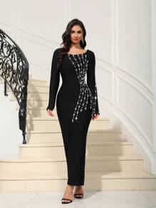 Love Aing Vestido de noche elegante de manga larga con hombros descubiertos, cristales artesanales y abertura en la espalda, estilo sofisticado para invitados de boda - Negro - Ver 5