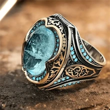 Handmade Vintage Blue Cubic Zirconia Ring - Antique Silver Plated, Fashionable Islamic Jewelry