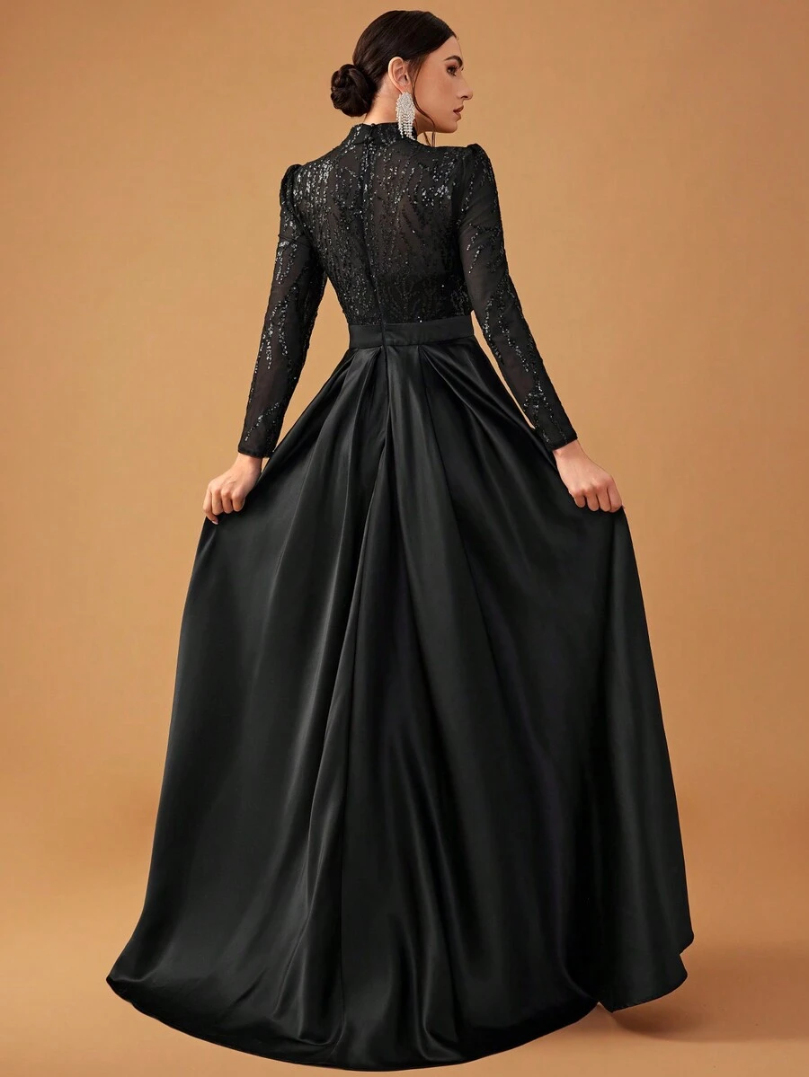 YISIKADO Women's Elegant Sequined & Satin High Neck Long Sleeve Cape Evening Gown For Party, Black Formal Prom Dress, For Wedding Guest, Dinner Spring Fall