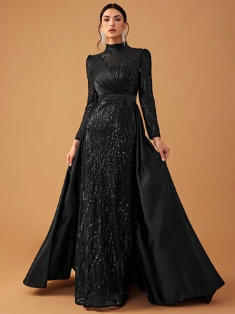 YISIKADO 女士优雅奢华亮片缎面高领长袖斗篷晚礼服，适合派对、黑色正式舞会礼服、婚礼嘉宾、毕业典礼、晚宴