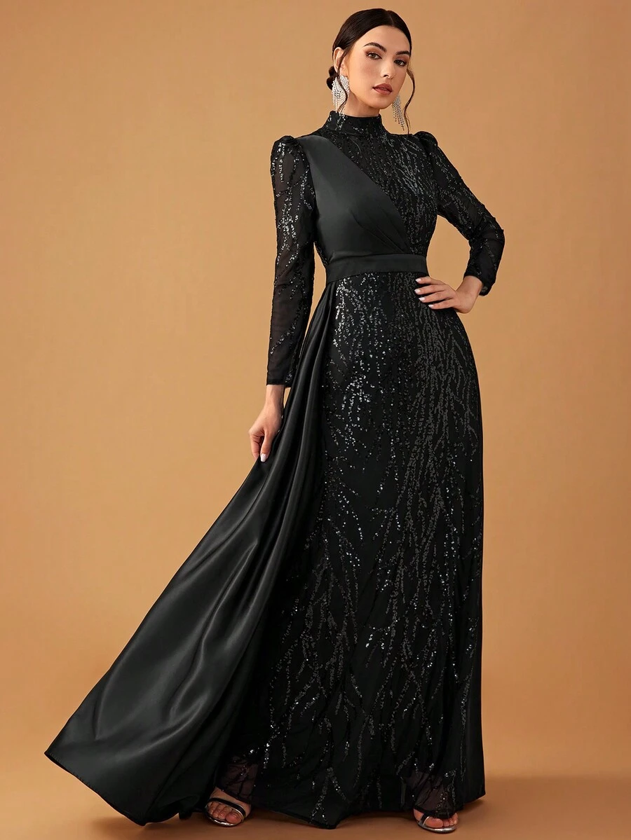 YISIKADO Vestido de noche elegante y lujoso para mujer con capa de cuello alto, manga larga, con lentejuelas y satén, para fiestas, vestido de gala formal negro para bodas, graduaciones, cenas de primavera