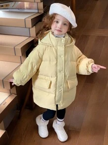 Young Girl Long Yellow Zipper Button Padded Coat With Hood, Winter - Yellow - View 3