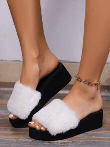 Fluffy Dikke Bodem Pantoffels Voor Dames, Buiten/Binnen Warme Harige Platform Wedge Hak Huisschoenen, Herfst/Winter