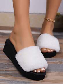Fluffy Dikke Bodem Pantoffels Voor Dames, Buiten/Binnen Warme Harige Platform Wedge Hak Huisschoenen, Herfst/Winter