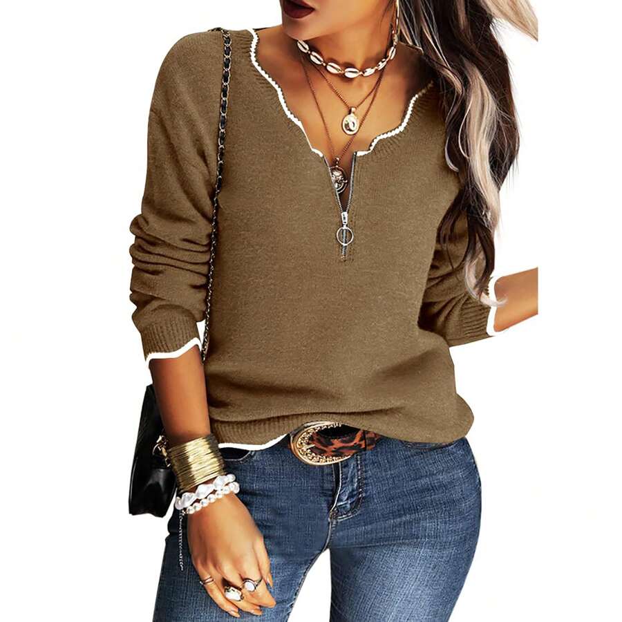 Women's V Neck Long Sleeve Sweater Half Zipper Knit Sweater Casual Cricket Stripe Jumper Pullover Knit Tops - 棕色 - 查看 1