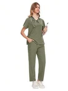 Hospital Working Scrubs Set Operating Room Scrubs Uniform Top+Pants Workwear Dental Surgery Nurse Suits  Beauty SPA Uniforms - Olive Green - View 8