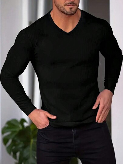 Camiseta de manga larga de cuello en V de unicolor y estilo casual, para el otoño