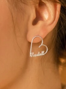 1 Pair Custom Name Heart Earrings By Caitlyn Minimalist • Statement Stud Earrings • Handmade Personalized Gold Hoops • Comes With Premium Gift Box • Gift For Mom Couples, Family, Holiday Gifts - Silver - View 3