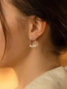 1 Pair Custom Name Heart Earrings By Caitlyn Minimalist • Statement Stud Earrings • Handmade Personalized Gold Hoops • Comes With Premium Gift Box • Gift For Mom Couples, Family, Holiday Gifts - Silver - View 2