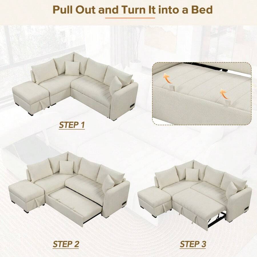 82.6" LShaped Sectional Pull Out Sofa Bed Sleeper Sofa With Two USB