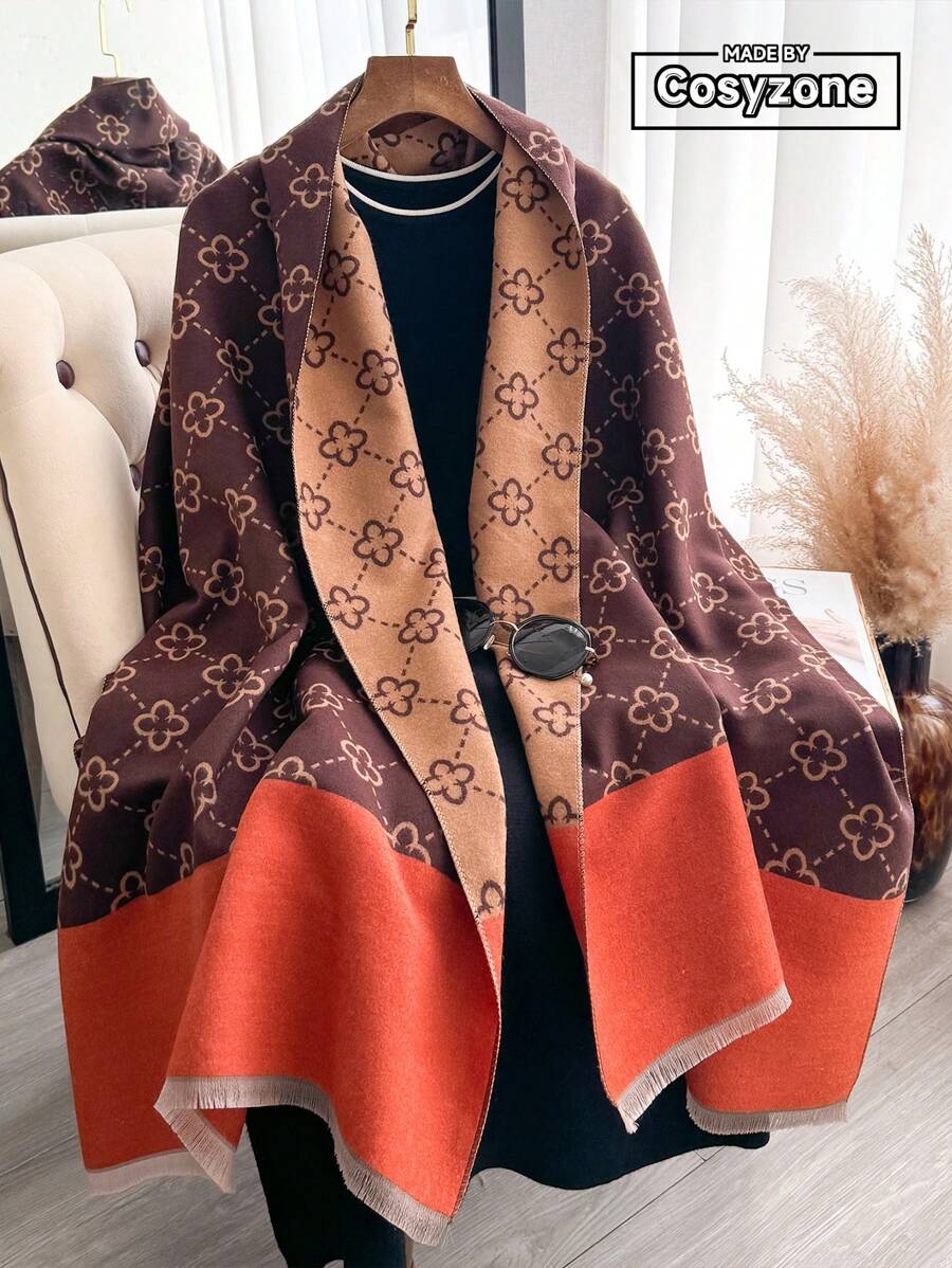 1pc Women Jacquard Knit Women Scarf, Warm & Thick Shawl For Everyday Use, Suitable For Autumn-Winter - Coffee Brown - View 1