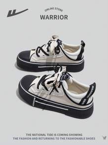 WARRIOR 女士运动风格厚底帆布运动鞋，拼色系带低帮休闲舒适防滑硫化鞋 - 米色 - 查看 4