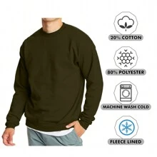 Men's Crew Neck Fleece-Lined Pullover Sweater - Olive - View 4