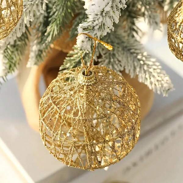 6pcs Gold-Tone Iron Hollow Ball Ornaments - Wall Hanging Family Theme Tree Decorations For Holiday,Home Decor ,Room Decor,Wall Decor Christmas Decorations Christmas