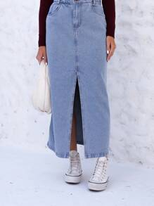 High Waist Denim Skirt, Middle Slit, Casual, Stylish, Simple And Elegant, Length 90 Cm, Size: (36 Waist - 68 Cm, Hip - 96 Cm, ) (38 Waist - 72 Cm, Hip - 100 Cm, )(40 Waist - 76 Cm, Hip - 104 Cm, ) (42 Waist - 80 Cm, Hip - 108 Cm), (44 Waist - 84 Cm, Hip - 112 Cm). (46 Waist - 88 Cm, Hip - 116 Cm) - 中等水洗藍 - 查看 1