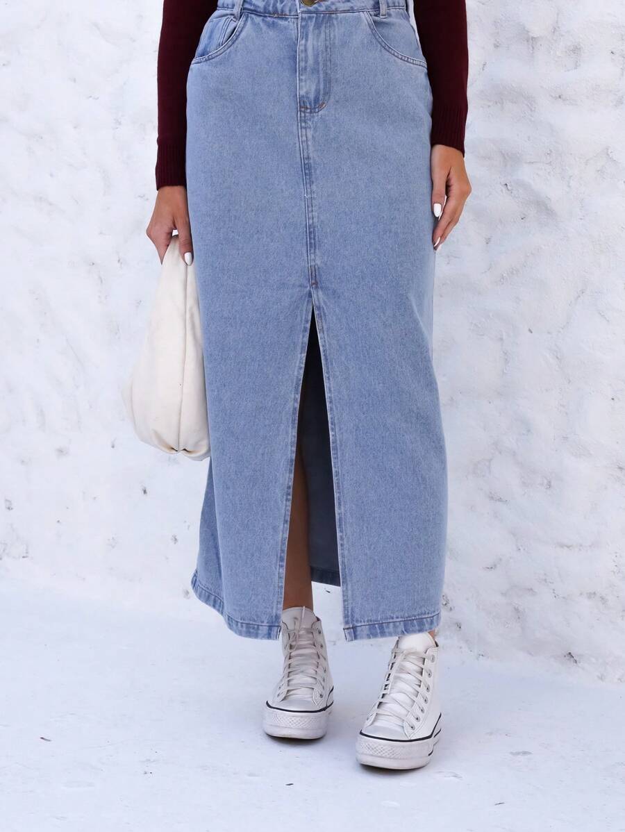 High Waist Denim Skirt, Middle Slit, Casual, Stylish, Simple And Elegant, Length 90 Cm, Size: (36 Waist - 68 Cm, Hip - 96 Cm, ) (38 Waist - 72 Cm, Hip - 100 Cm, )(40 Waist - 76 Cm, Hip - 104 Cm, ) (42 Waist - 80 Cm, Hip - 108 Cm), (44 Waist - 84 Cm, Hip - 112 Cm). (46 Waist - 88 Cm, Hip - 116 Cm) - 中等水洗藍 - 查看 1