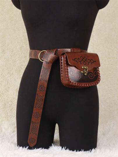2pcs/Set Embossed PU Leather Medieval Belt, Waist Bag Belt Pouch Suitable For Renaissance Viking Period Vintage Fanny Pack Cosplay Props