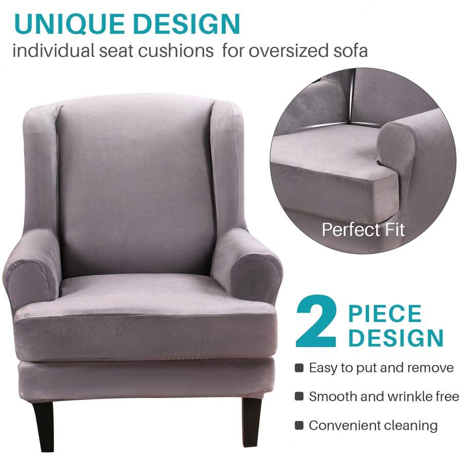 Wingback Chair Cover 2-Pieces/Set Stretch Armchair Sofa Slipcover Wing Chair Covers 2Pcs/Set Crushed Velvet Wingback Chair Cover Armchair Sofa Slipcover Protector - Grey - View 1