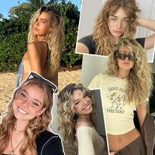 4 件装金色夹式接发，适合女士和女孩，14 英寸短卷发波浪隐形蕾丝纬纱天然柔软合成假发，适合日常使用 - 挑染米色 - 查看 6