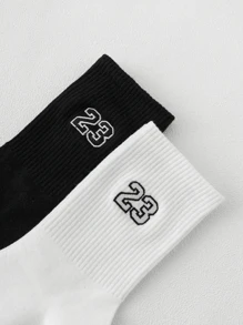 2 Pairs Men's Embroidered Number Mid-Calf Socks Suitable For Daily Use