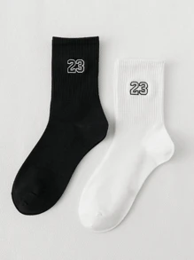 2 Pairs Men's Embroidered Number Mid-Calf Socks Suitable For Daily Use