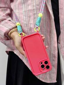 Minimalist Thick Anti-Drop Crossbody Strap Phone Case Compatible With IPhone 17 Pro Max/17 Pro/17 Air/17/16 Pro Max/16/16 Pro/16 Plus/15/15 Plus/15 Pro/15 Pro Max/11/12/13/14 Pro Max/XS/XR/11 Pro/11 Pro Max/12 Pro/12 Pro Max/13 Pro/13 Pro Max/7 Plus/14 Pro/14 Pro Max/14 Plus/7 Plus/8 Plus/8/SE2, Soft - Rose Red + Lanyard - View 3