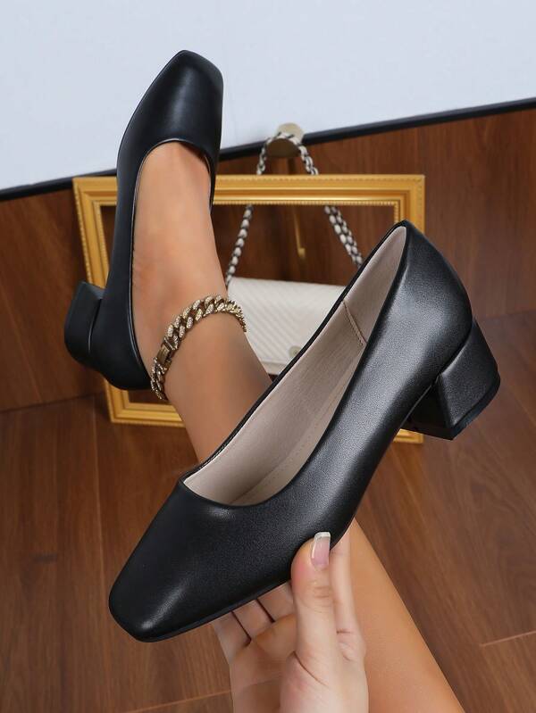 New Chunky Heel Square Toe Pumps For Women, Simple & Fashionable, Comfortable To Wear, Size 36-45 (Plus Size)