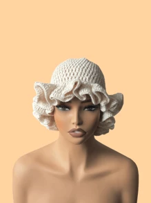 1 件女士手工钩编荷叶边针织贝雷帽，成人软边钟形帽，轻质镂空蕾丝无檐小便帽，有弹性，Y2K 风格，适合日常穿着、摄影、聚会、野餐、户外活动，保暖、防风、保暖耳朵、圣诞节