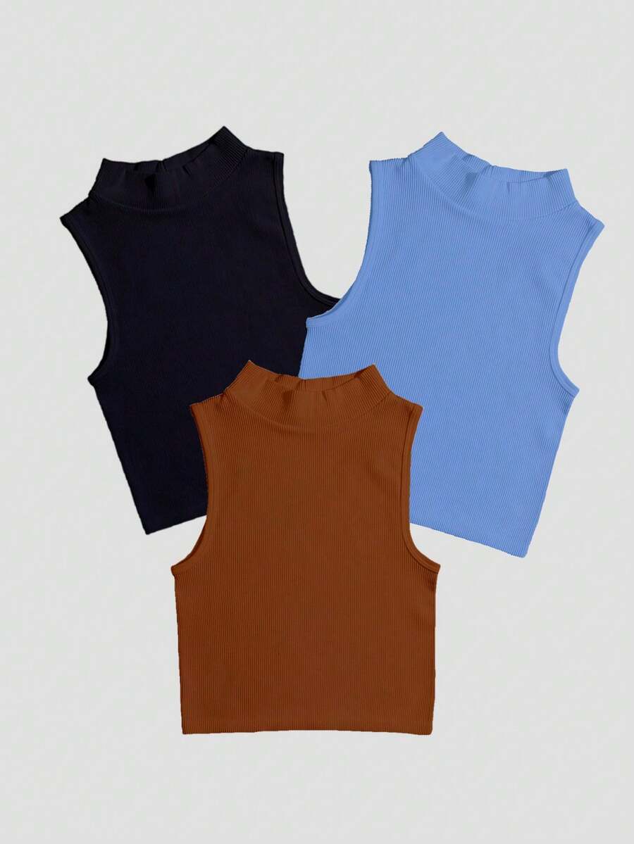 Kit Of 3 Women's Cropped Ribbed Blouses, High Neck, Sleeveless, Hollow Out Tank Top - 彩色 - 查看 1