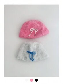 1pc Sweet Cute Bow Knot Fuzzy Bucket Hat For Women, Oversize Handmade Winter Cap - Multicolor - View 5