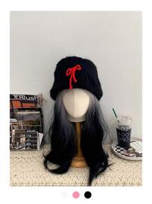 1pc Sweet Cute Bow Knot Fuzzy Bucket Hat For Women, Oversize Handmade Winter Cap - Multicolor - View 8