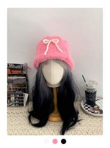 1pc Sweet Cute Bow Knot Fuzzy Bucket Hat For Women, Oversize Handmade Winter Cap - Multicolor - View 3