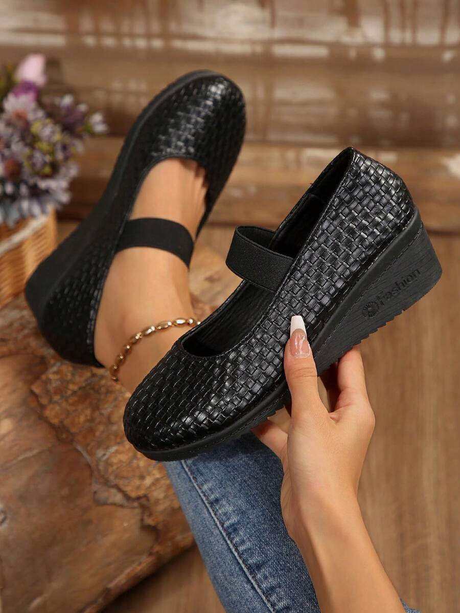 大码女式圆头粗跟不对称印花高跟鞋，欧码 36-43，黑色几何印花优雅舒适仿皮厚底露跟高跟鞋，适合日常穿着、室内外场合、派对