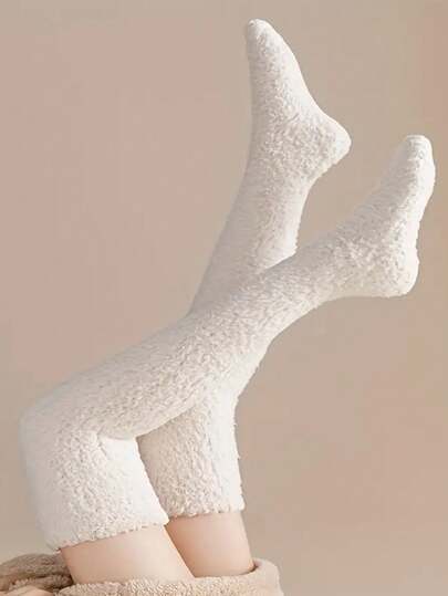2/1 Pair Fluffy & Cozy Thickened Non-Slip Over-The-Knee Socks, Warm Fuzzy Thigh High Stockings For Autumn/Winter