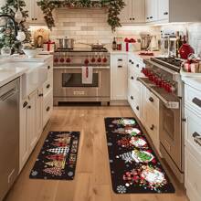 1/2pcs Thickened 0.47 Inch/1.2cm Christmas Kitchen Mat Set - Black Christmas Tree Gnome Pattern Design, Anti-Fatigue Cushioned Runner Rugs For Hallway, Soft Flannel Non-Slip & Stain Resistant Mats For Bedroom, Living Room, Dining, Bathroom & Entryway
