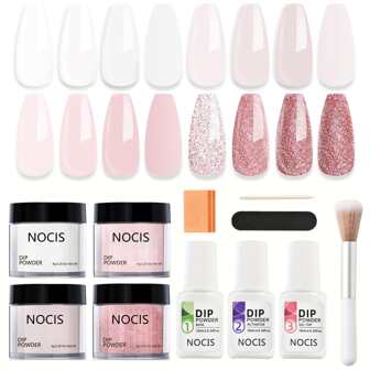 NOCIS Dip Powder Nail Kit Starter, 4 Colors Nude Pink Bubble Bath Glitter Neutral Skin Tone Dip Powder Liquid Set With Base Coat Activator For French Manicure DIY, Salon Gift Kit For Beginner Acrylic Press On Nails