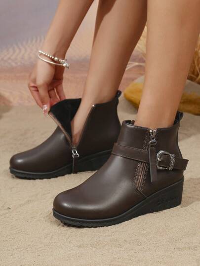 Women's New Winter British Style Solid Color Buckle Platform Short Boots, Dual Zipper Round Toe Casual All-Match Boots