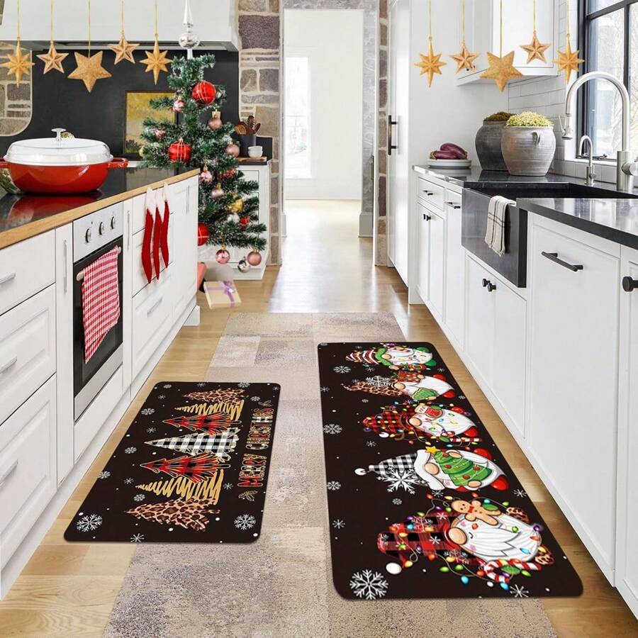 1/2pcs Thickened 0.47 Inch/1.2cm Christmas Kitchen Mat Set - Black Christmas Tree Gnome Pattern Design, Anti-Fatigue Cushioned Runner Rugs For Hallway, Soft Flannel Non-Slip & Stain Resistant Mats For Bedroom, Living Room, Dining, Bathroom & Entryway