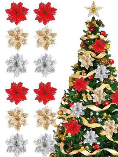 10 件闪光人造一品红花、婚礼人造花、圣诞树装饰品，适用于圣诞节派对新年节日户外装饰、礼品包装和 DIY 花环配件、家居装饰，