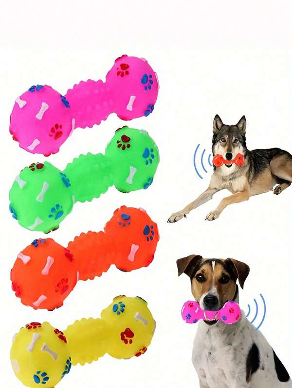 4pcs Durable Squeaky Dumbbell Dog Toy - Interactive Chew And Training Plaything For Small Breeds, Non-Electric, Random Color Selection