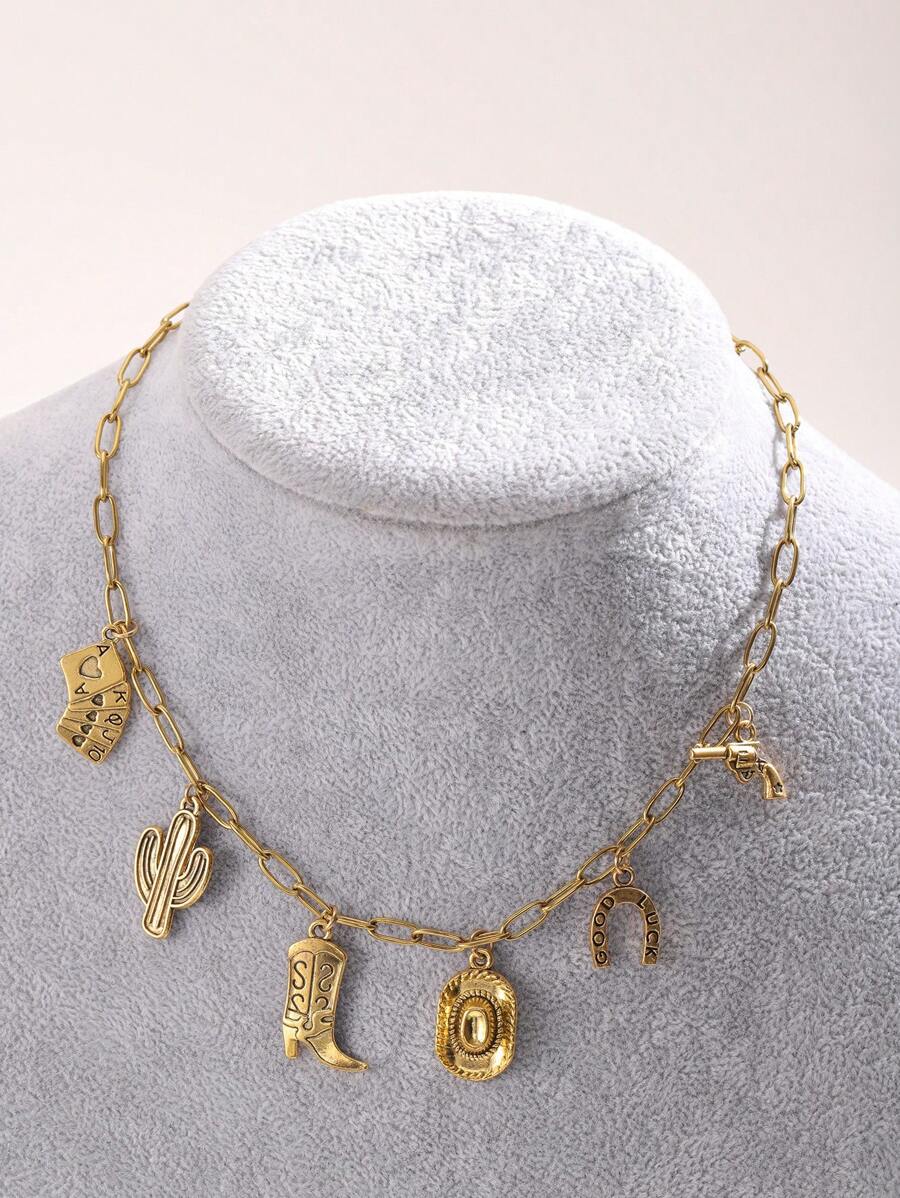 1pc Western Style Cowboy Boot, Gun, Cactus Pendant Necklace, Casual Cowboy Hat And Playing Cards - A Thoughtful Jewelry Gift For Tourists - Gold - View 1